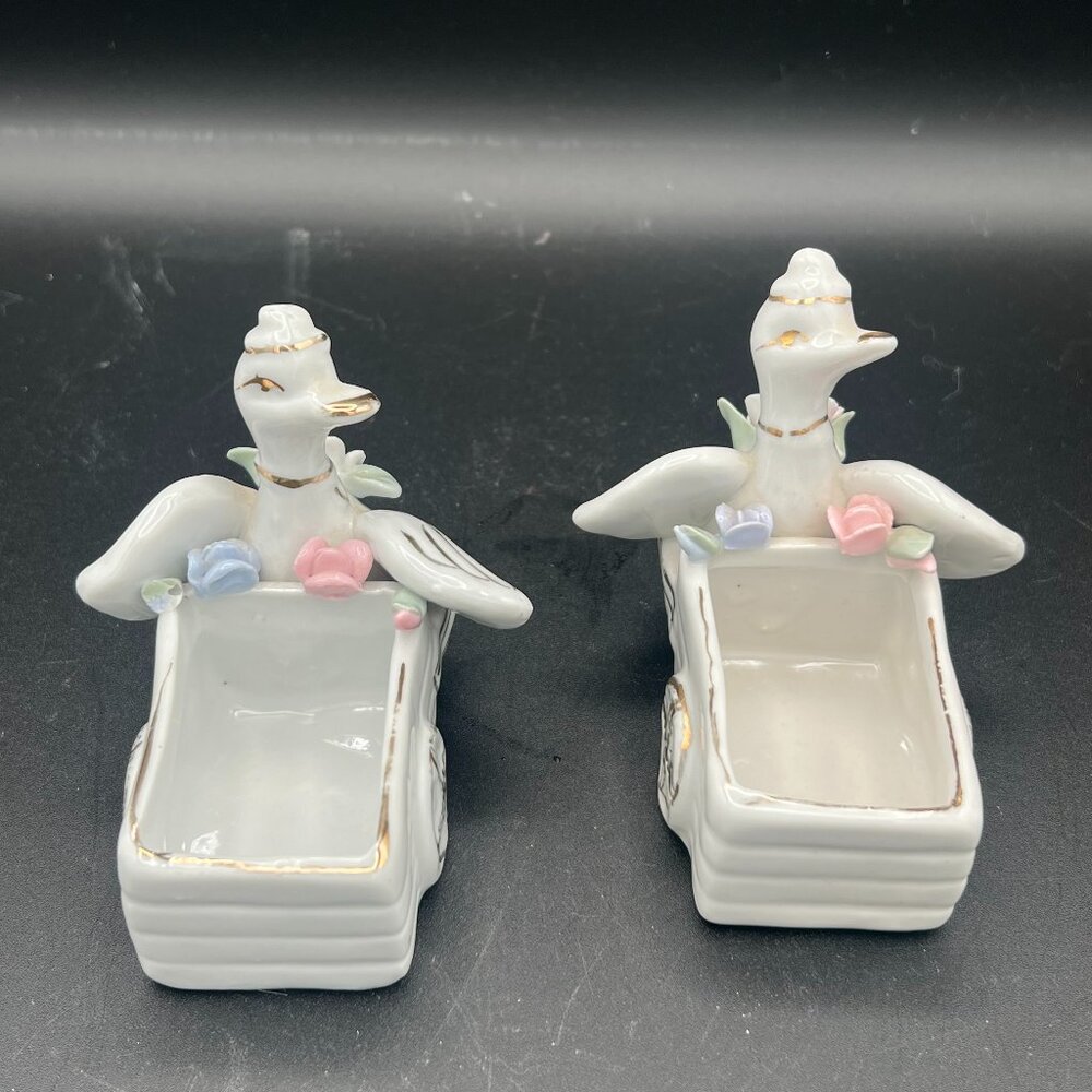 Vintage 1950s Hand Painted Porcelain Duck Figurine Pushing a Cart Small Planter